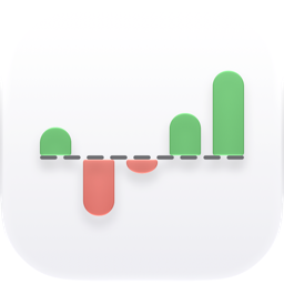 The Finance icon: green and red bars of a cash-flow chart over a thin dashed line, on a glass tile.