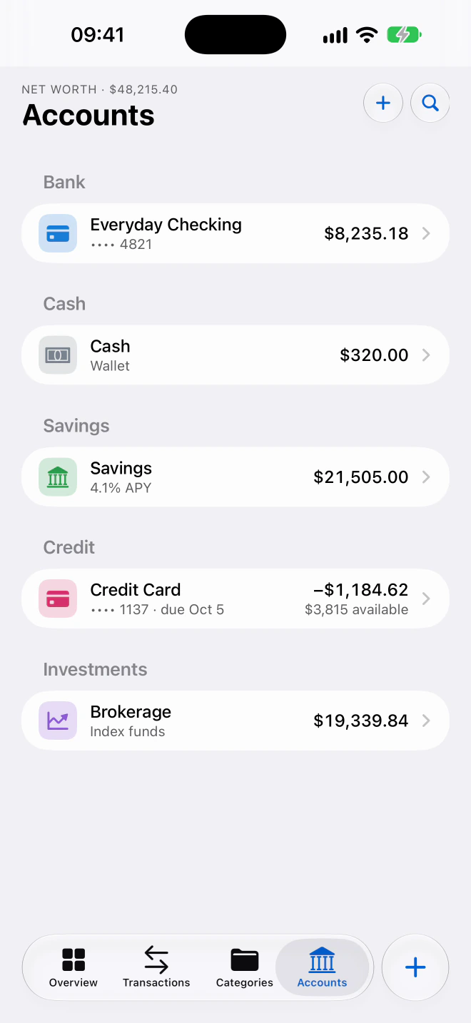 Accounts on the iPhone, by kind: Everyday Checking $8,240.18 under Bank, Cash, Savings, Credit Card and Brokerage.