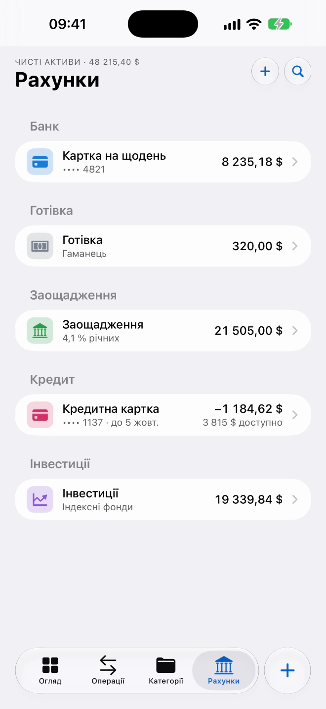 Рахунки на iPhone за видами: «Картка на щодень» 8 240,18 $ у розділі «Банк», далі «Готівка», «Заощадження», «Кредитна картка» й «Інвестиції».