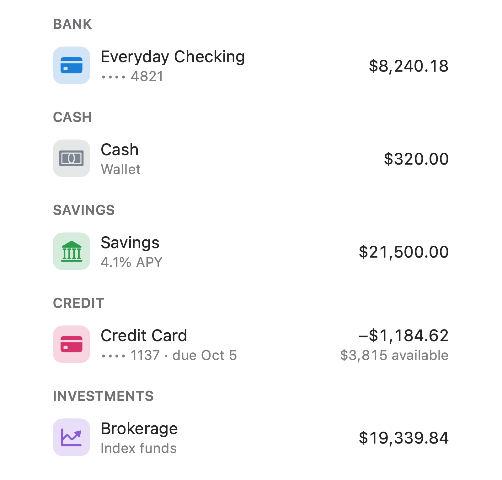 Accounts grouped by kind: Bank, Cash, Savings, Credit, Investments.