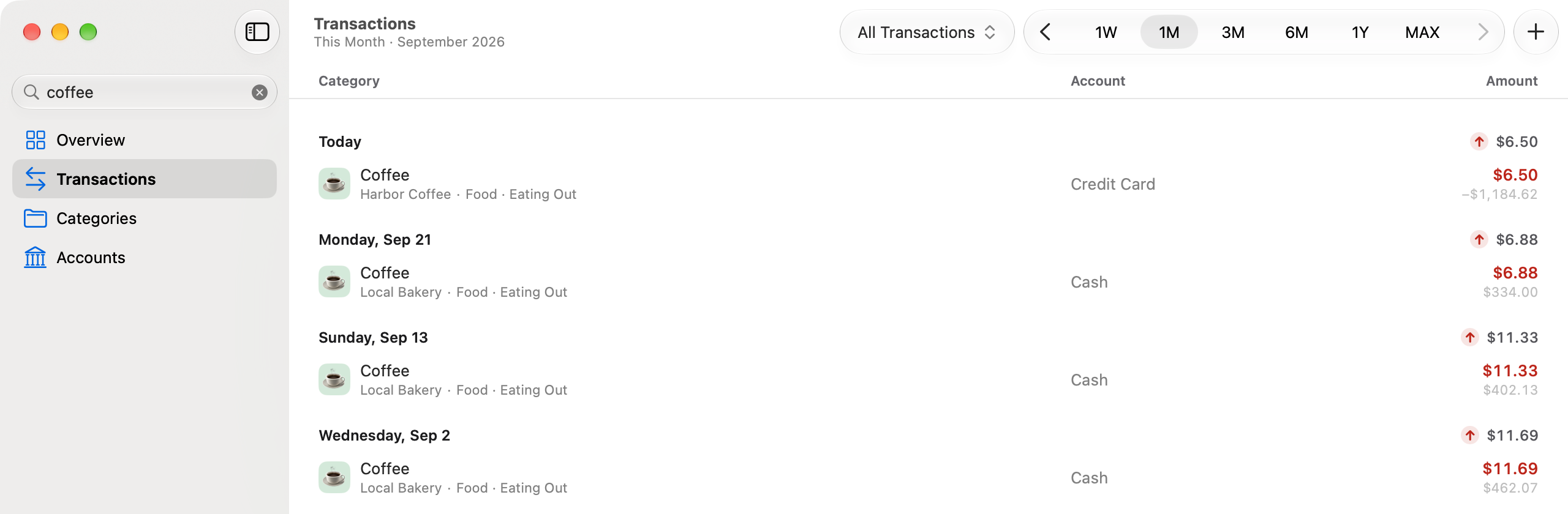 The Transactions window with “coffee” typed in the sidebar’s search field: the list is already four rows.