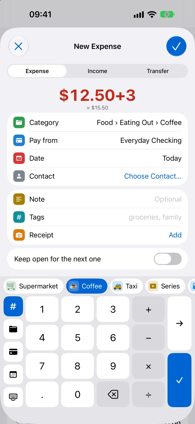 New Expense on the iPhone: $12.50+3 with = $15.50 under it, in Food, Eating Out, Coffee, paid from Everyday Checking; the categories used lately — Supermarket, Coffee, Taxi, Series — above a keypad with the arithmetic keys, and buttons for the category, the account and the date beside it.