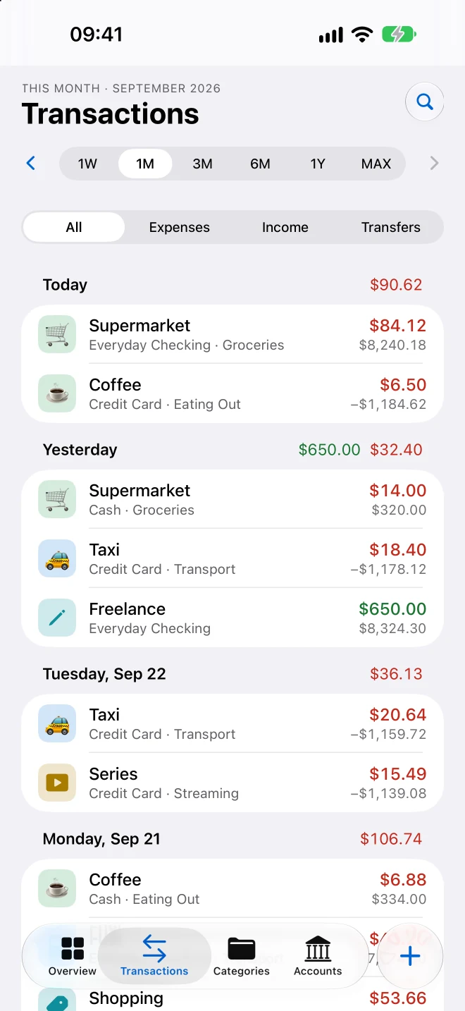 The same list on the iPhone: Today, Yesterday, each row with its category, account, amount and the balance after it.