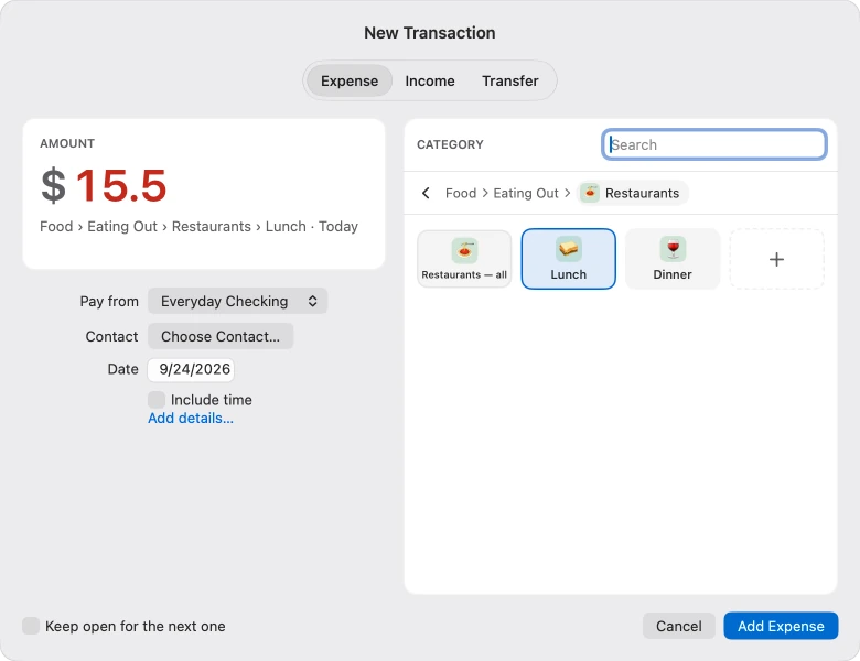 The New Transaction sheet on the Mac: $15.5 typed as 12.50+3, in Food, Eating Out, Restaurants, Lunch, paid from Everyday Checking.