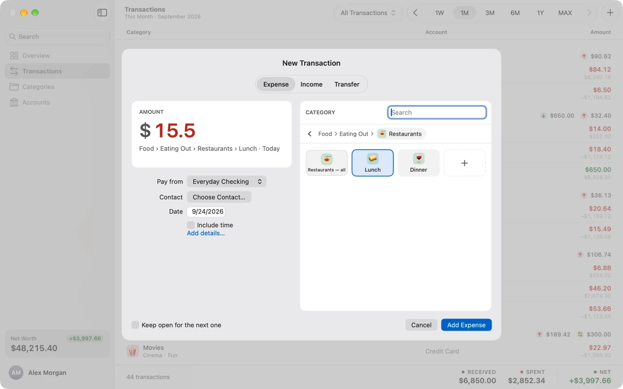 The Transactions window on the Mac under the New Transaction sheet: $15.5 typed as 12.50+3, in Food, Eating Out, Restaurants, Lunch.