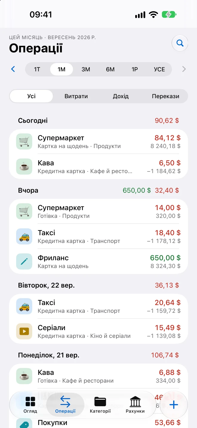 Той самий список на iPhone: сьогодні, учора; у кожному рядку категорія, рахунок, сума й баланс після неї.